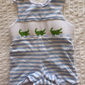 Blue and White Striped Baby Romper with Green Dinosaur Design
